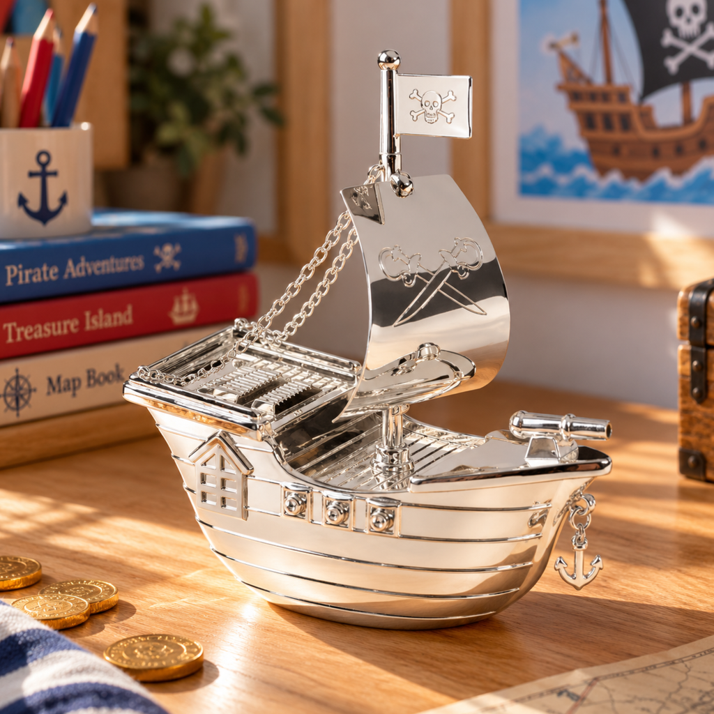 Silver Plated Pirate Ship Money Box