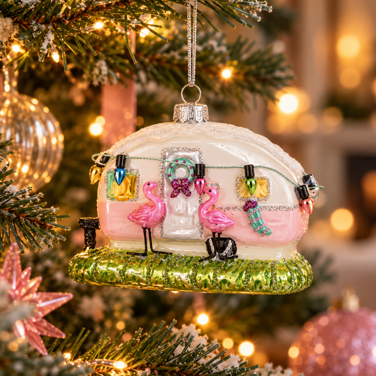 Pink Flamingo Caravan Glass Christmas Bauble