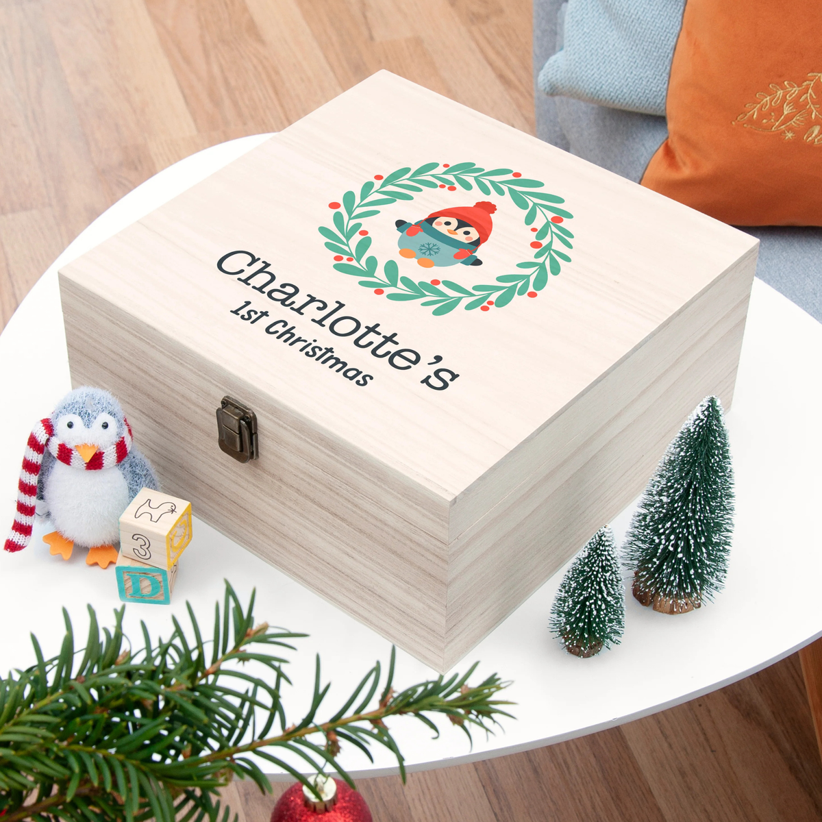 Personalised Penguin Wreath Baby's First Christmas Eve Box