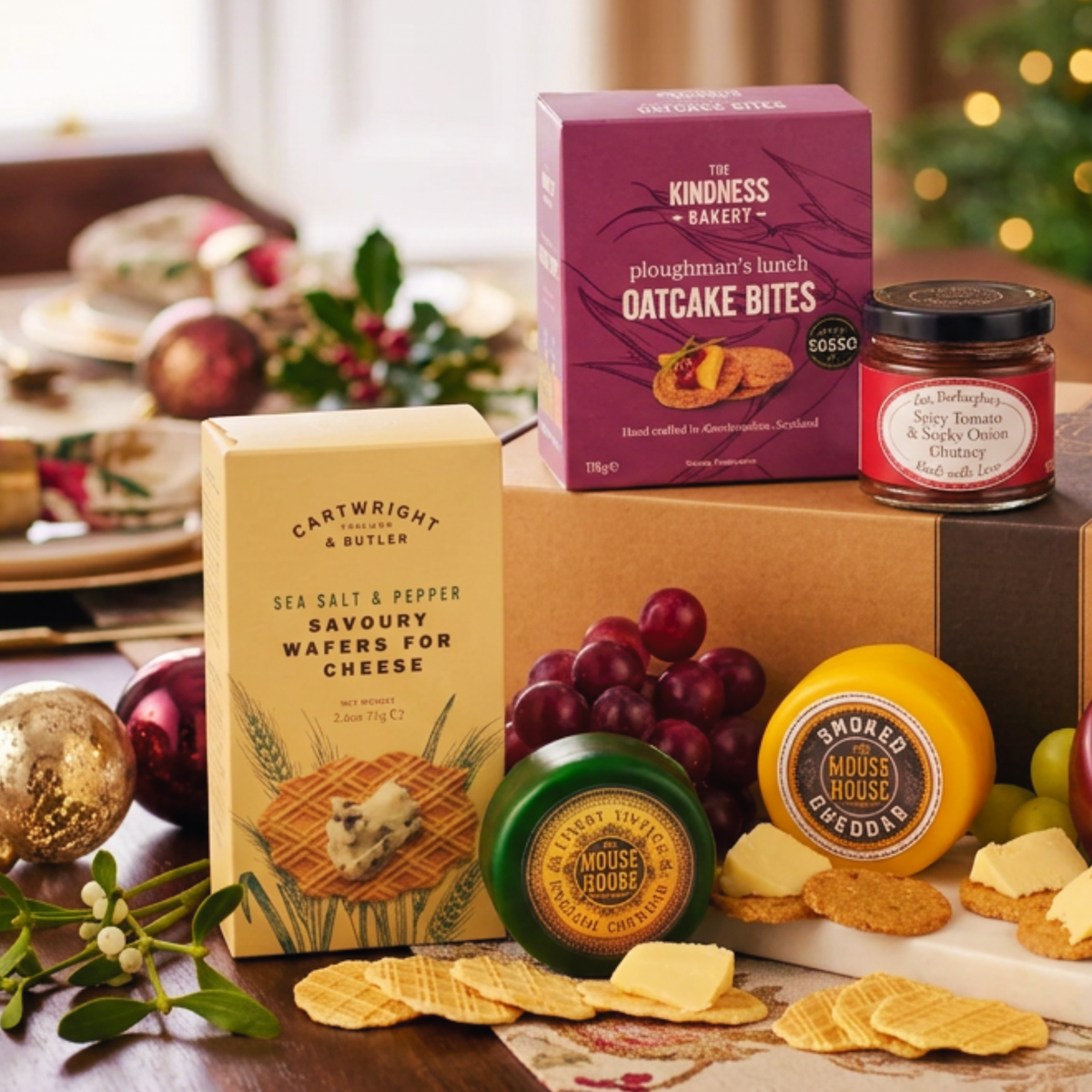 Three Cheese Gift Hamper Luxury Cheddar Biscuits & Chutney Gift Box