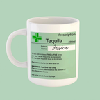 Mug with a humorous tequila prescription label on a light green background