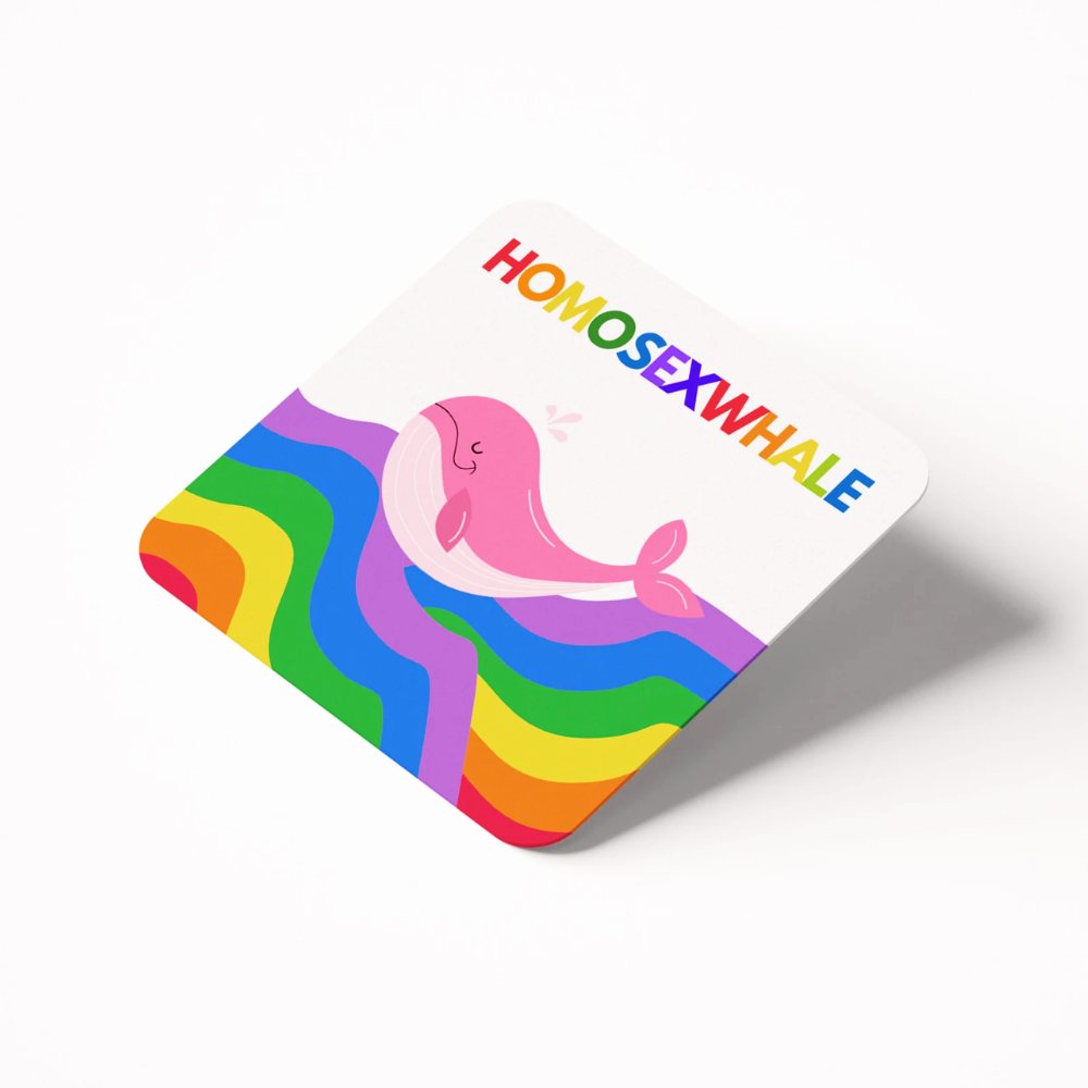 Colorful card with a whale design and rainbow colors on a white background