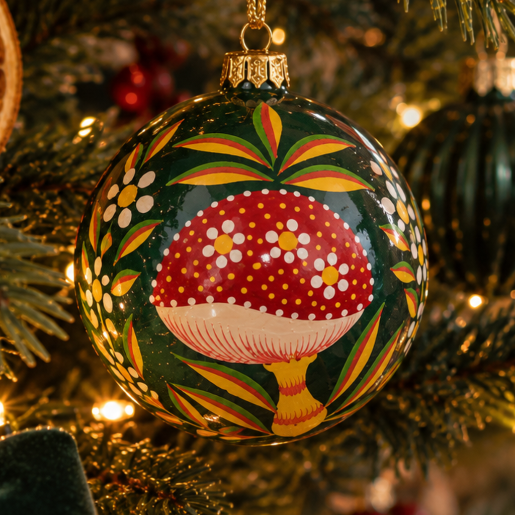 Hand Painted Mushroom Papier-Mâché Christmas Bauble