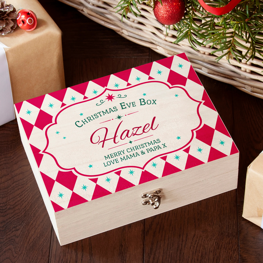 Personalised Harlequin Diamond Pattern Christmas Eve Box