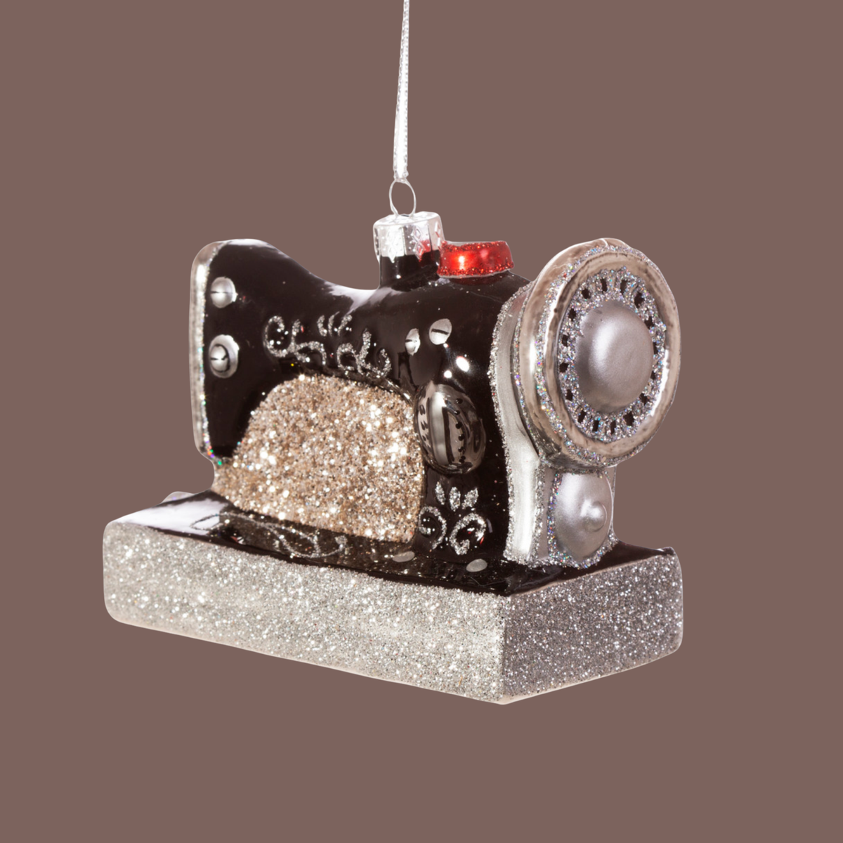 Sparkly Retro Sewing Machine Glass Christmas Bauble
