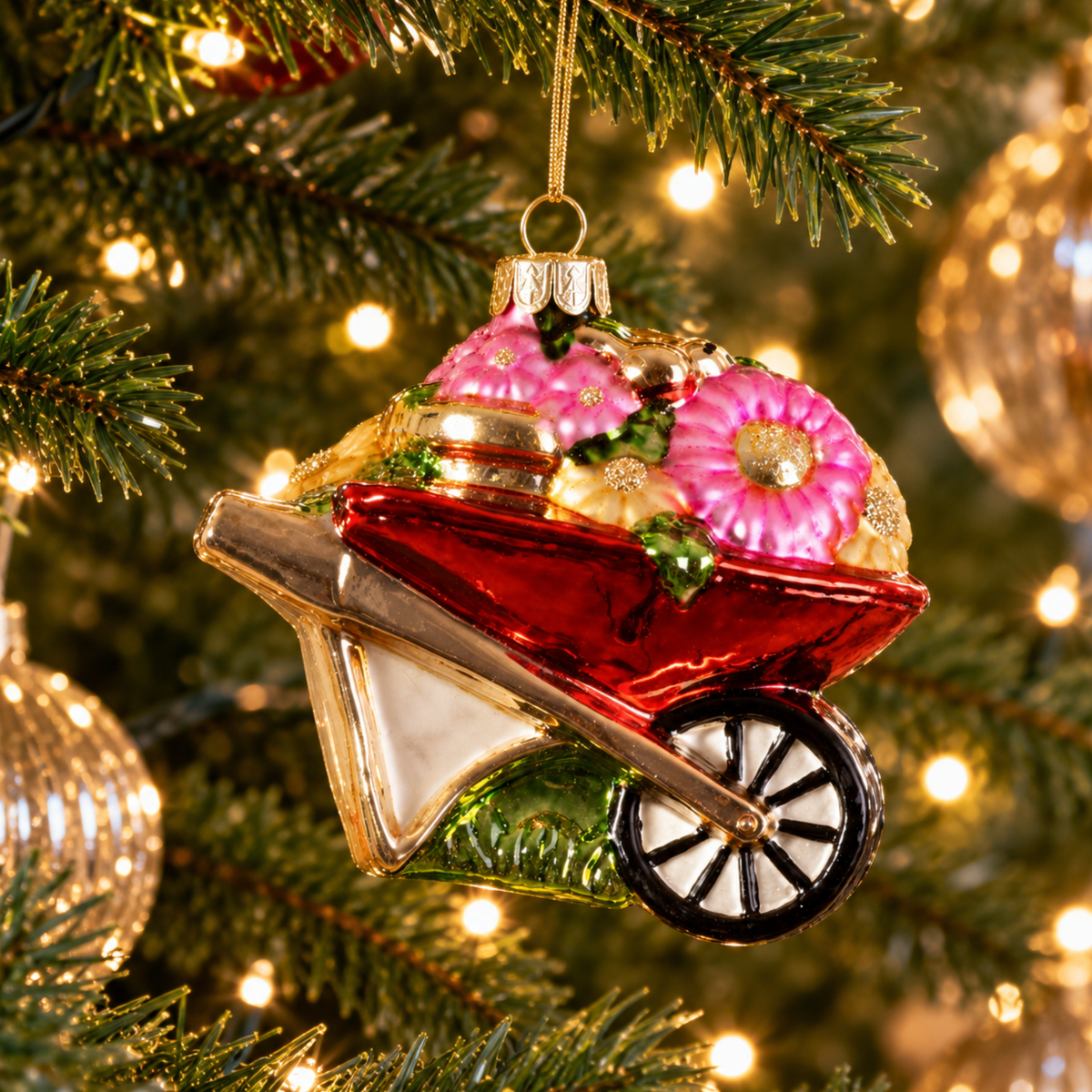 Personalised Ribbon Glass Wheelbarrow Christmas Bauble