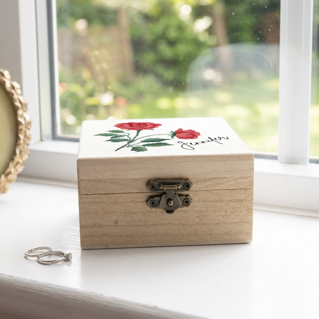 Personalised Birth Flower Wooden Jewellery Box