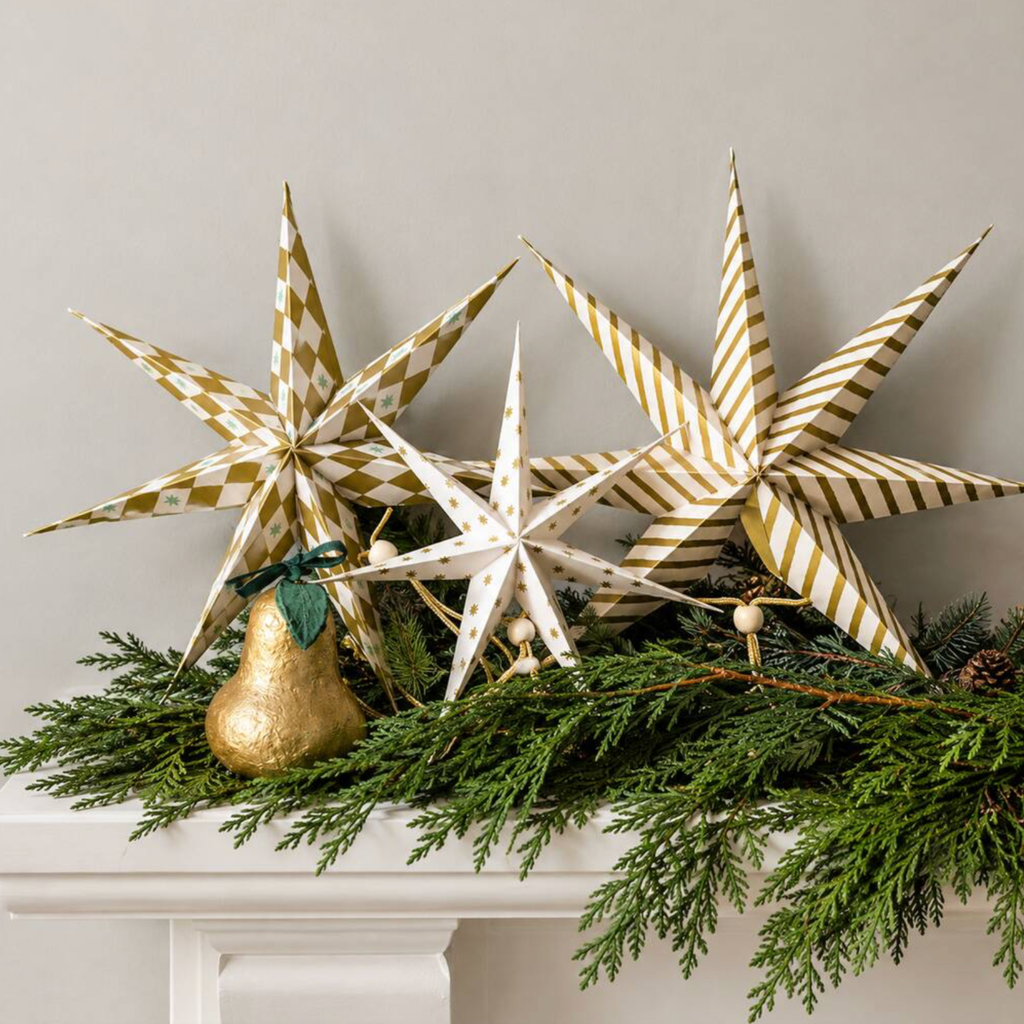 Set Of 3 Gilded Paper Star Christmas Decorations