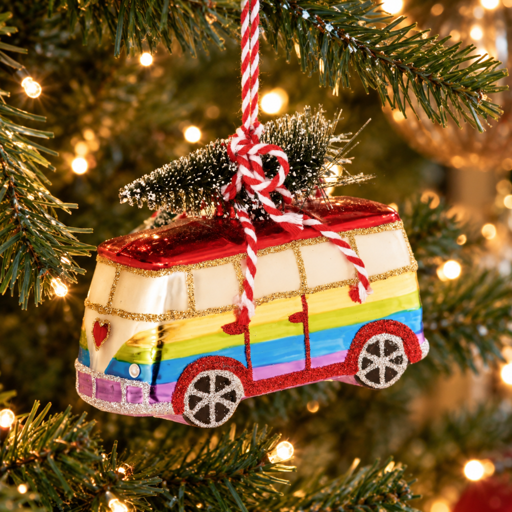 Rainbow Camper Van Glass Christmas Bauble