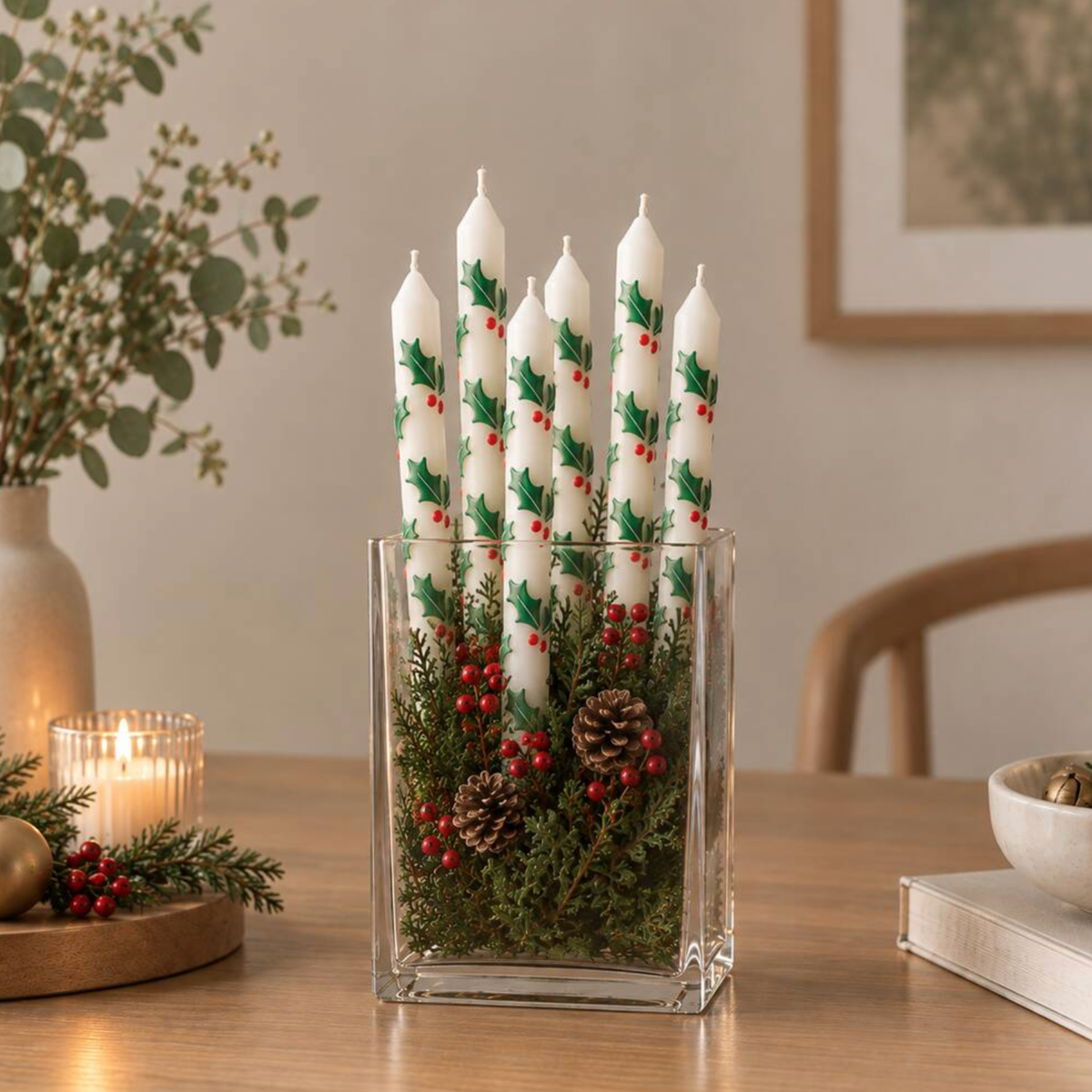 Holly Christmas Taper Dinner Candles