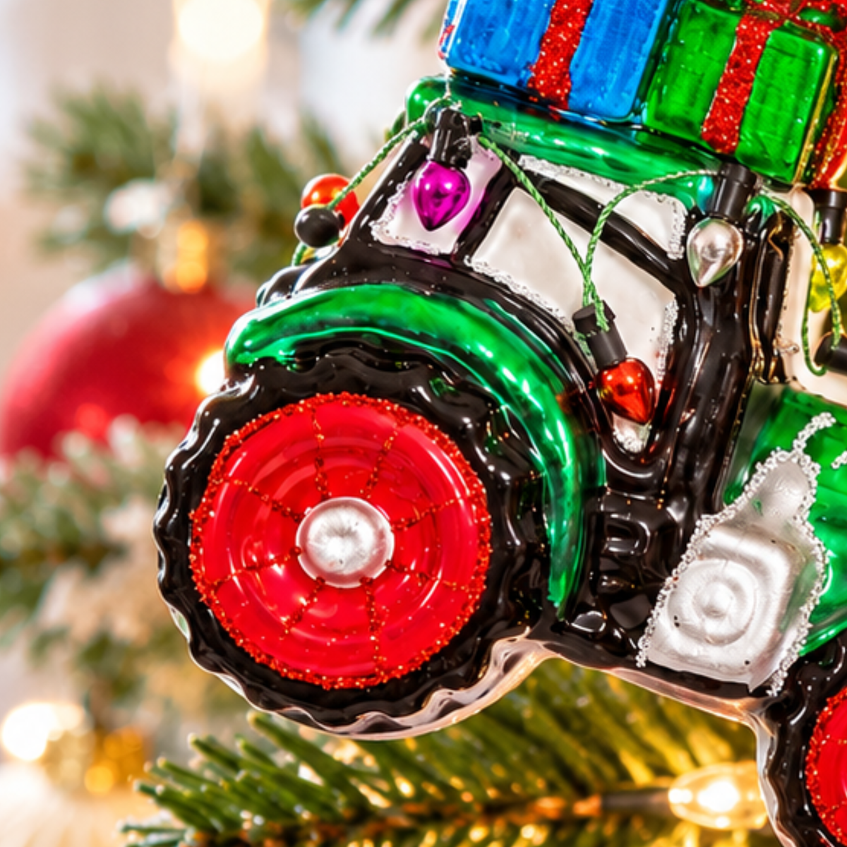Festive Green Tractor with Presents Christmas Bauble