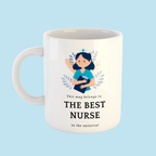 Mug with illustration of a nurse and text on a light blue background