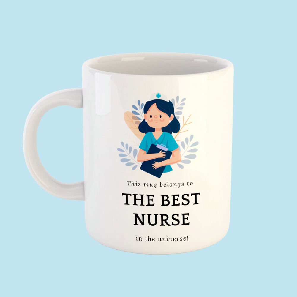 Mug with illustration of a nurse and text on a light blue background