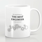 White mug with text and gear designs on a white background