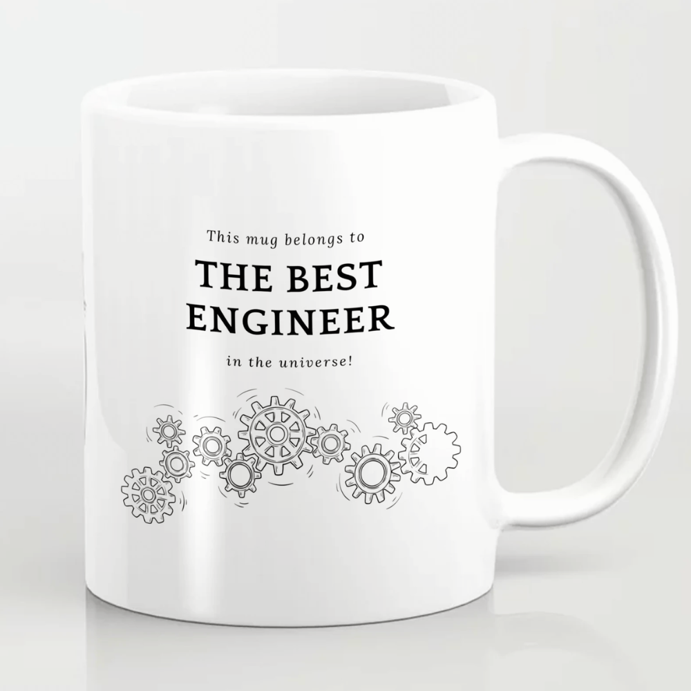 White mug with text and gear designs on a white background
