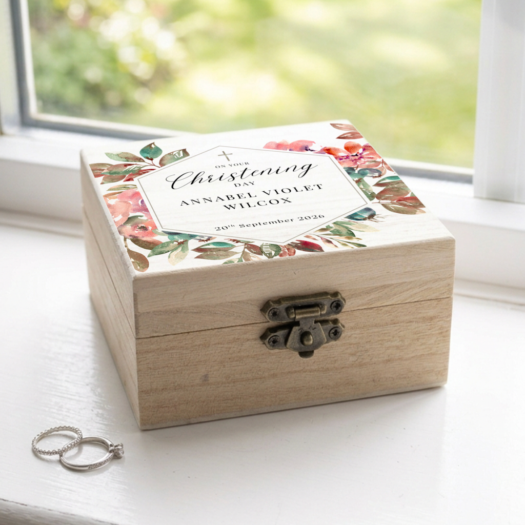 Personalised Floral Christening Keepsake Wooden Jewellery Box