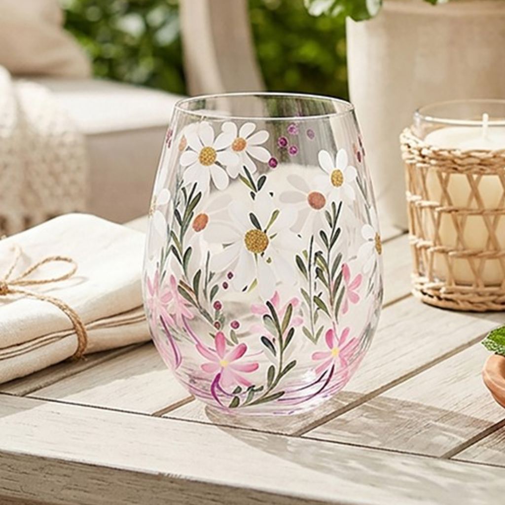 Hand Painted Daisies Stemless Glass