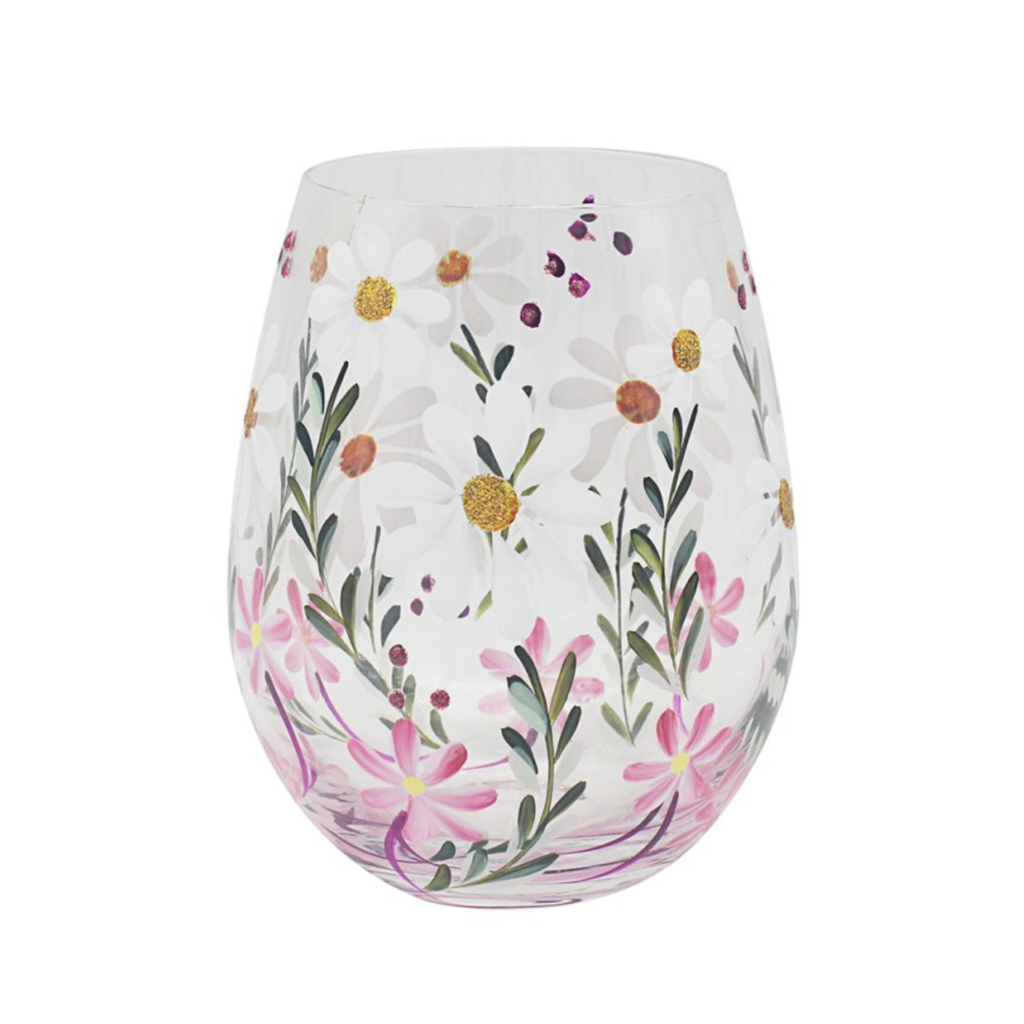 Hand Painted Daisies Stemless Glass