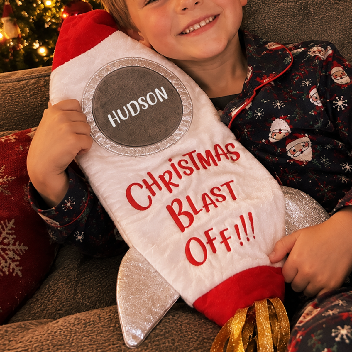 Personalised Blast Off Rocket Christmas Stocking