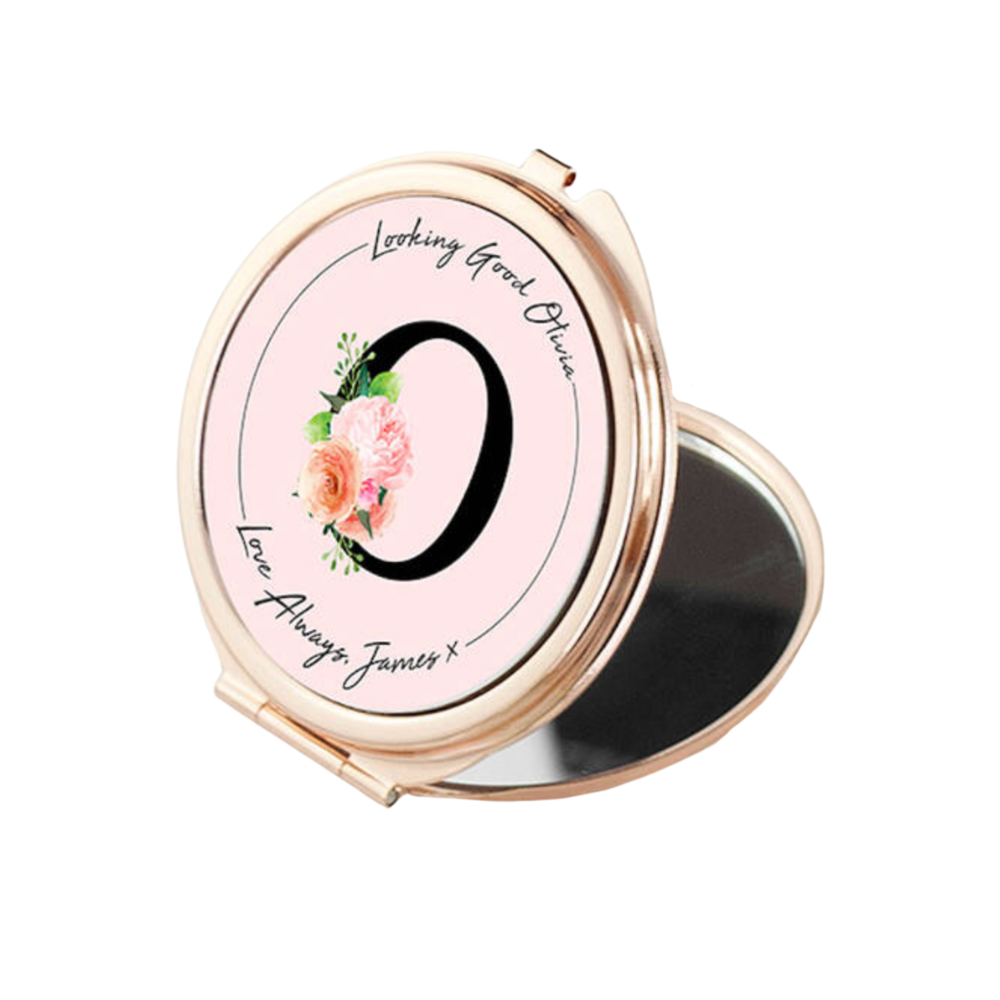 Personalised Floral Initial Rose Gold Compact Mirror
