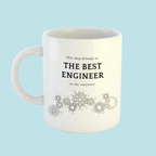 Mug with text 'This mug belongs to the best engineer in the universe!' on a light blue background