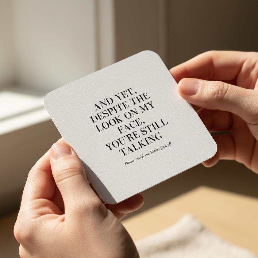 White card with black text on a white background