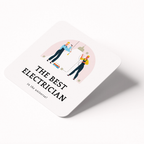 Heart-shaped card with illustration of electricians and text 'The Best Electrician in the Universe' on a white background.