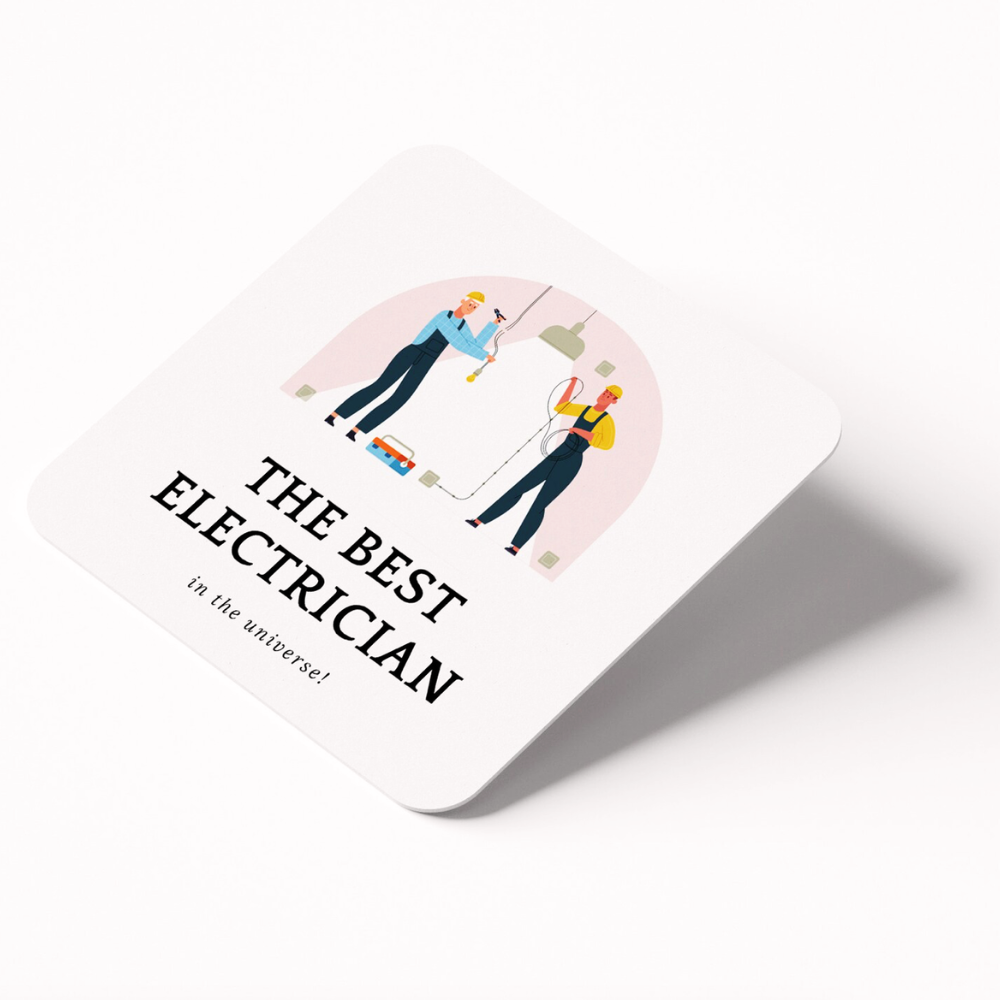Heart-shaped card with illustration of electricians and text 'The Best Electrician in the Universe' on a white background.