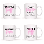 Four white mugs with pink and black text on a white background