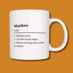 White mug with text on an orange background