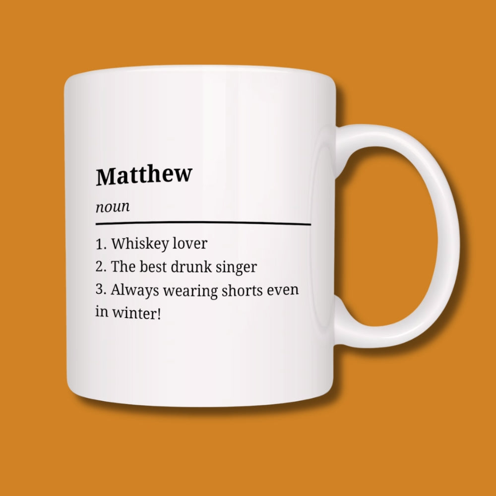 White mug with text on an orange background