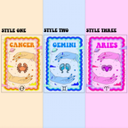 Three zodiac card designs labeled 'Style One', 'Style Two', and 'Style Three' with astrological symbols.