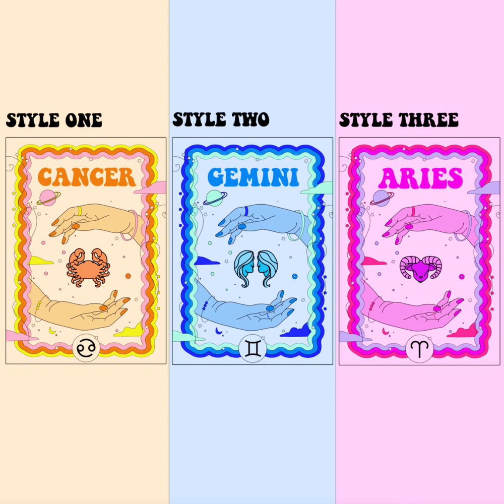 Three zodiac card designs labeled 'Style One', 'Style Two', and 'Style Three' with astrological symbols.