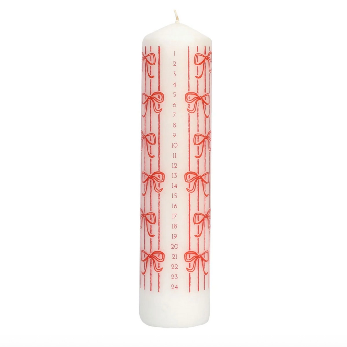 A white advent candle with red vertical stripes, red bows, and numbered days from 1 to 24 printed vertically, shown on a plain white background.