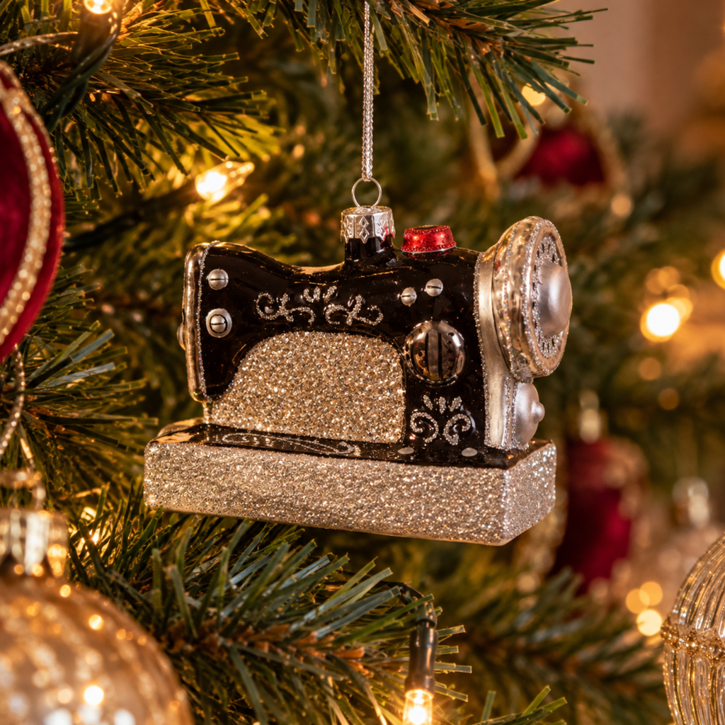 Sparkly Retro Sewing Machine Glass Christmas Bauble