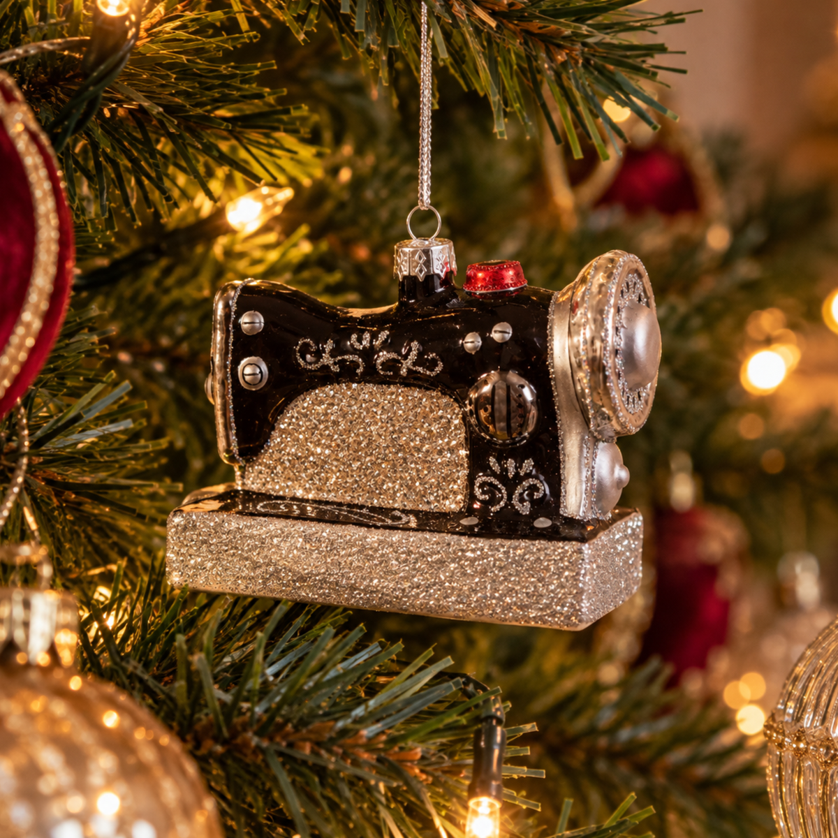 Sparkly Retro Sewing Machine Glass Christmas Bauble