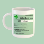 Mug with a humorous prescription label for whiskey on a light green background