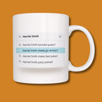 White mug with a humorous search bar graphic on an orange background