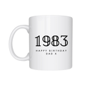 White mug with '1983 Happy Birthday Dad X' text on a white background