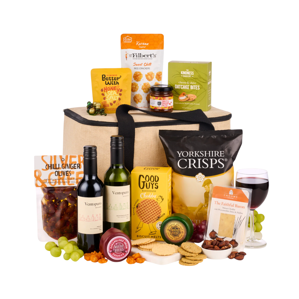 Luxury Wine & Cheese Gift Hamper Two Wines Artisan Cheddar & Gourmet Snacks