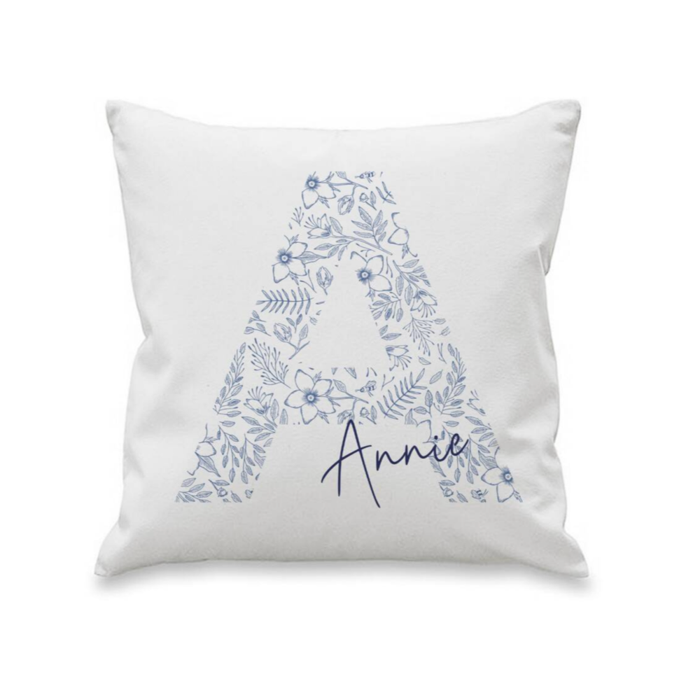 Personalised Floral Blue Initial Cushion