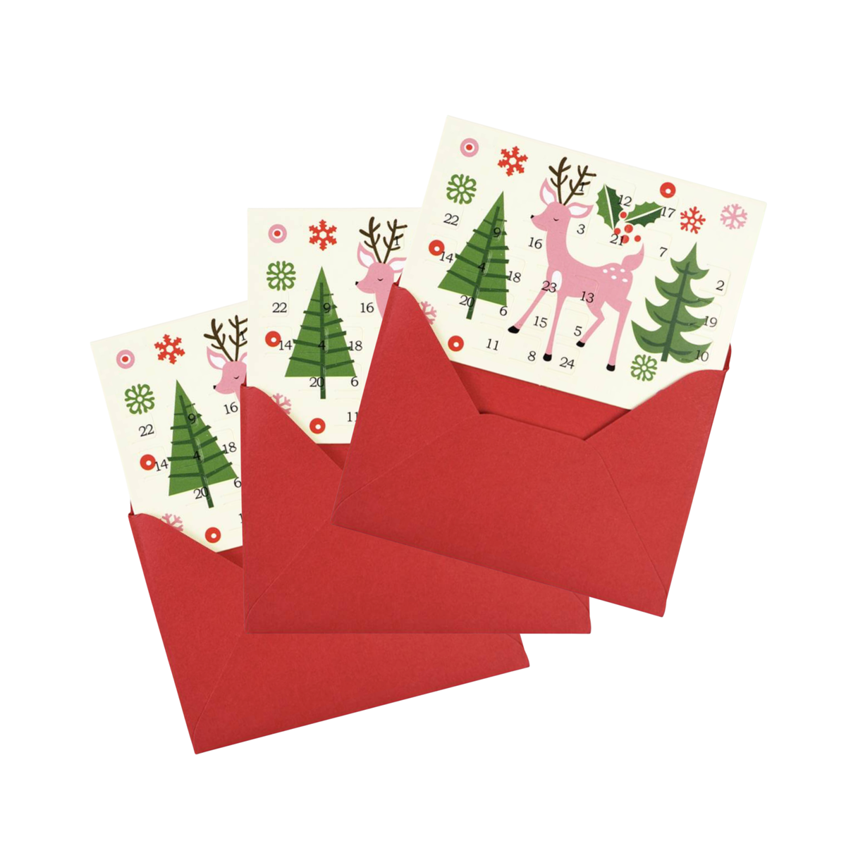 Mini retro Advent cards and red envelopes shown on a festive background