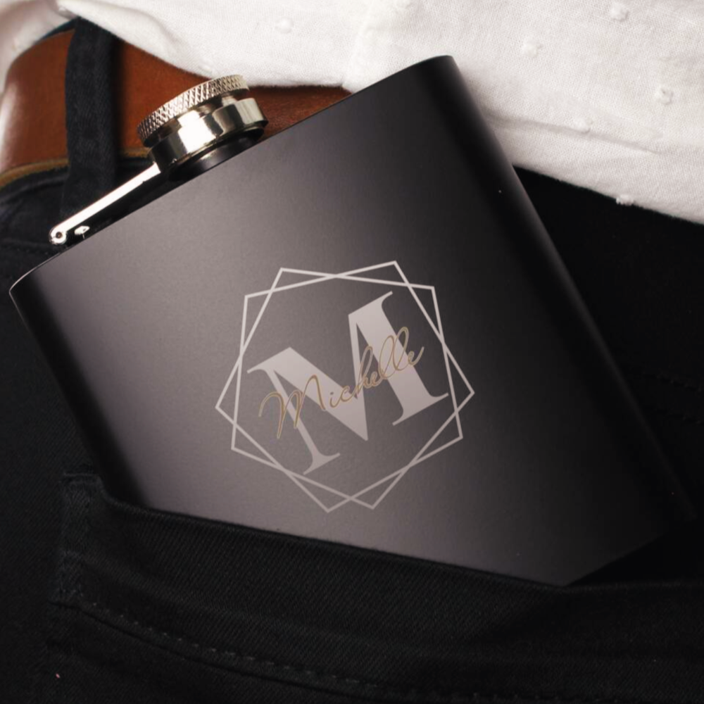 Personalised Geometric Initial Black Hip Flask