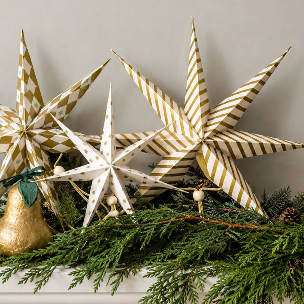 Set Of 3 Gilded Paper Star Christmas Decorations