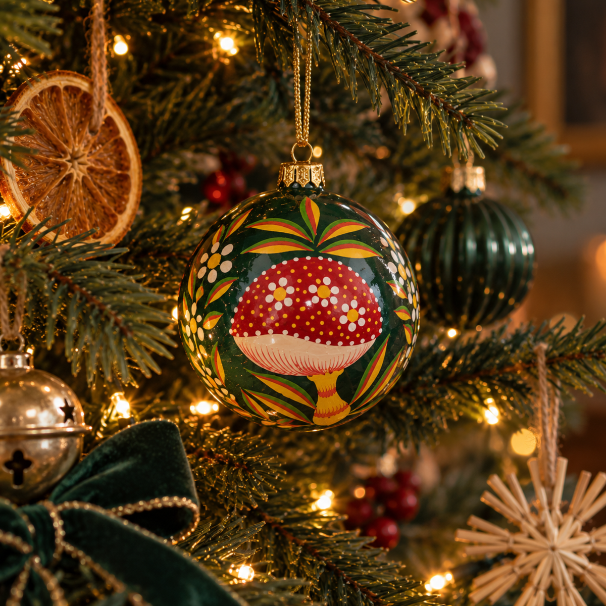 Hand Painted Mushroom Papier-Mâché Christmas Bauble
