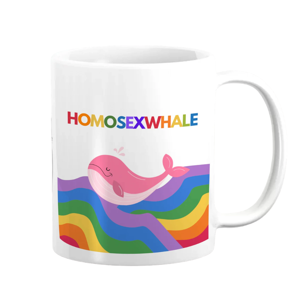White mug with a colorful design of a whale and rainbow waves, featuring the word 'HOMOSEXWHALE' in rainbow letters.