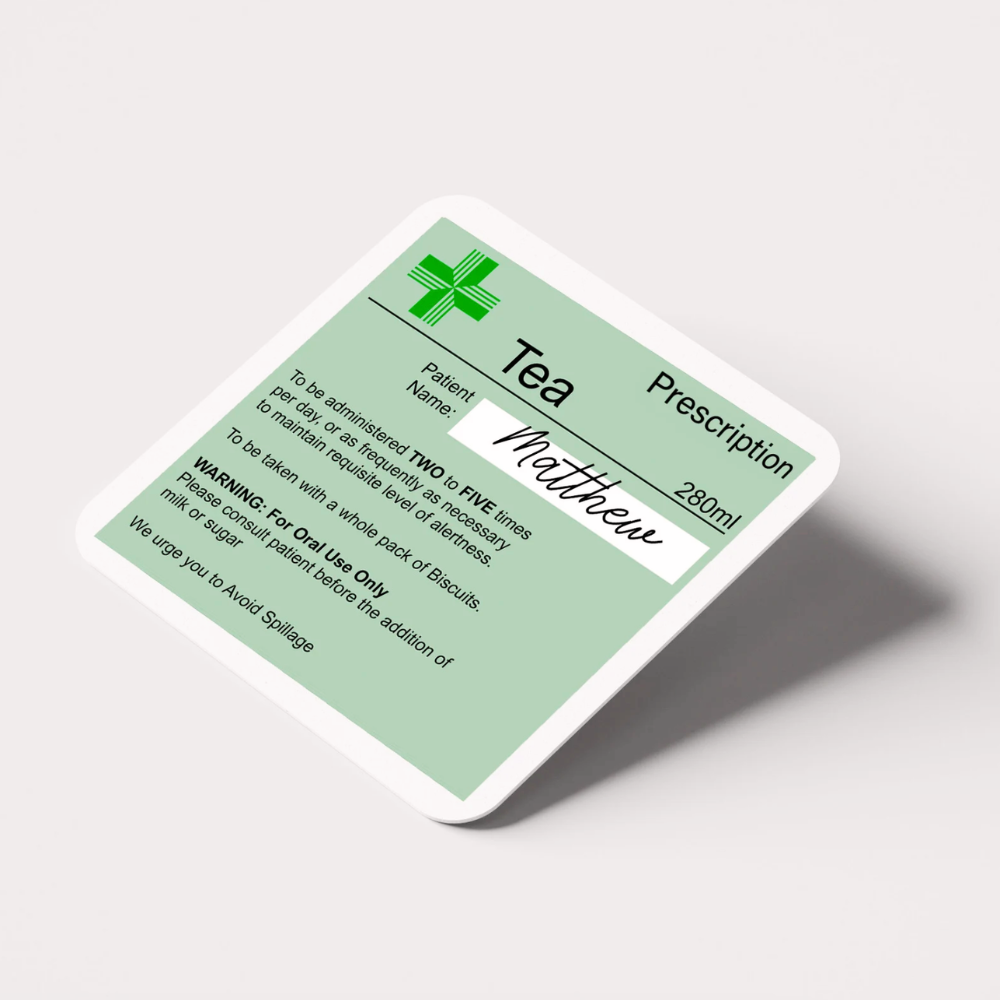 Prescription label for vodka on a white background