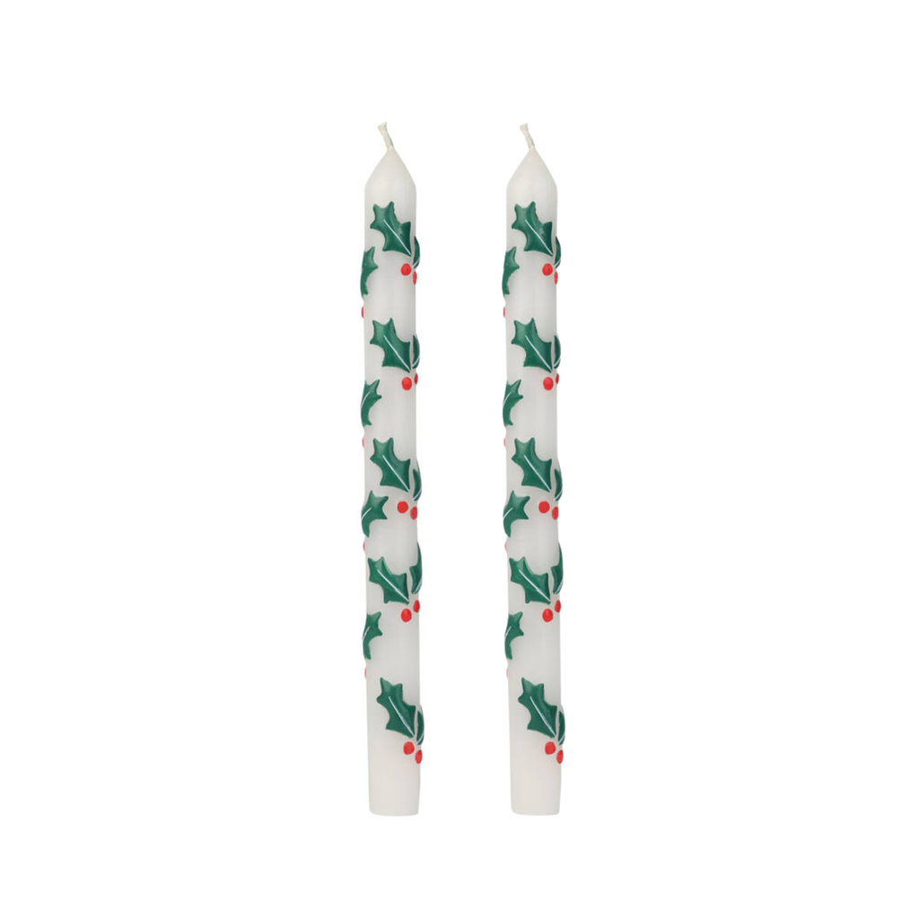 Holly Christmas Taper Dinner Candles