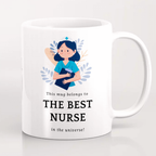 White mug with a design of a nurse holding a baby and text on a white background
