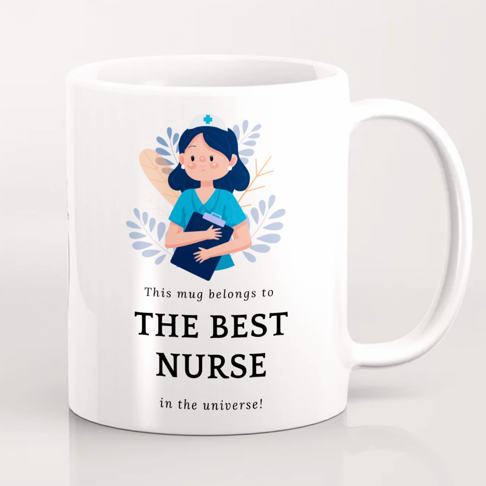 White mug with a design of a nurse holding a baby and text on a white background